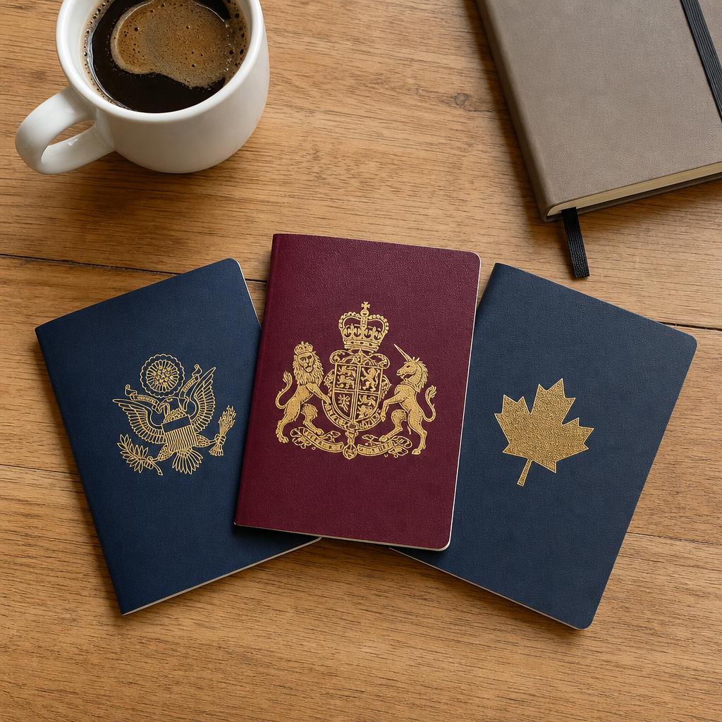 Passports from the US, UK and Canada representing visa sponsorship job comparison