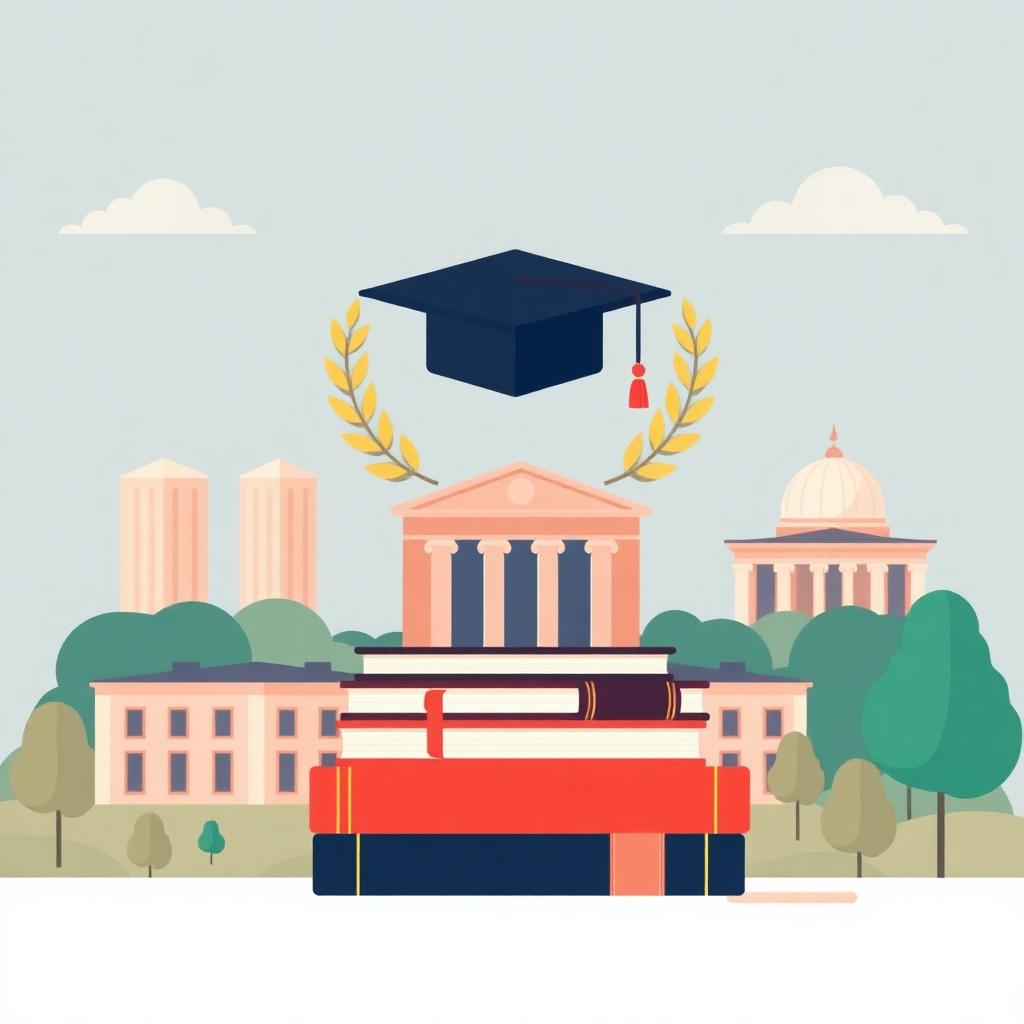 Top US universities for PhD — campus, graduation cap and research books
