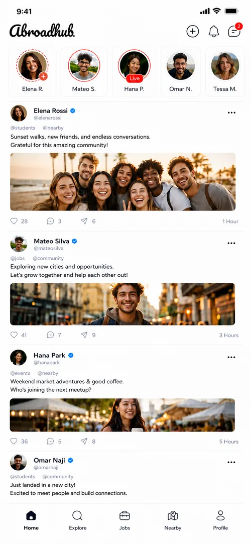 AbroadHub app Home screen showing immigrant community social feed